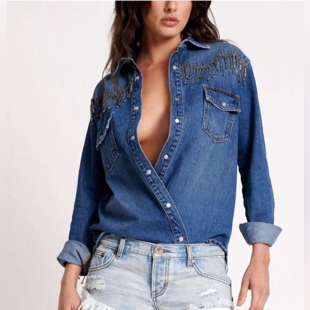 Free People x One Teaspoon Razzle Dazzle Western Denim Shirt Size Medium Fringe